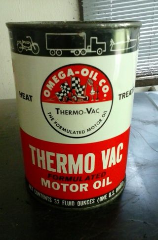 Rare Vintage Omega Oil Co.  Can 1 Quart Full Metal Tin Thermo Vac Nos Sae 20