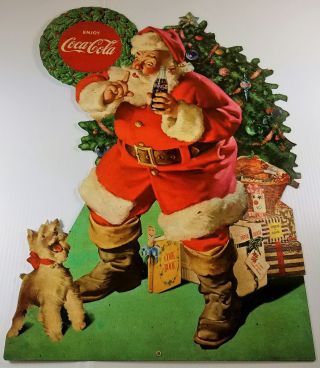 Coca Cola Santa Claus Sshhing Dog Christmas Tree Heavy Duty Metal Coke Adv Sign