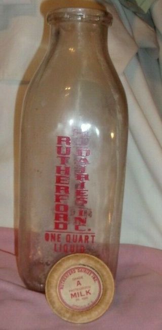 Vintage Rutherford County Nc Rare Dairy Quart Milk Bottle Red Lettering & Top