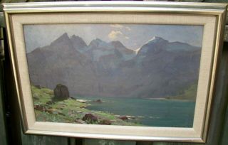 Signed Etienne De Martenne Mountain Lake Vista French Oil On Board C.  1890