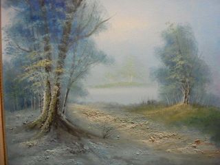 1970s Signed Atkinson Framed Lake Forest Landscape Oil Painting 32x28 2