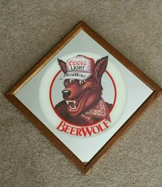 Vintage Coors Light Beer Wolf Mirror Sign Bar Pub Man Cave Advertising