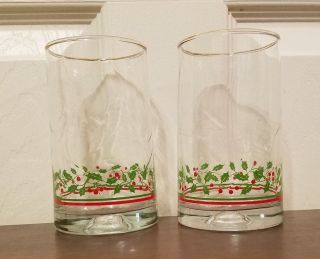 Arbys 1983 Christmas Holly Berry Beverage Water Glasses Gold Trim Set Of 2