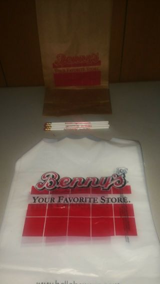 BENNY ' S STORES COLLECTIBLE ITEMS.  BAGS,  HAT AND PENCILS. 3