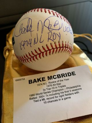 Bake Mcbride Autographed Signed Baseball - W/coa Mlb 1974 Roy Cardinals Phillies