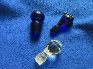 3 Antique Cobalt Blue Glass & Crystal Decanter Stoppers