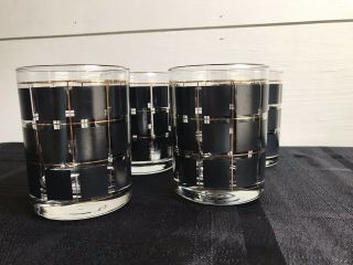 Vintage Set Of 4 Mcm Retro Drinking Glasses Black & Gold Rocks Barware