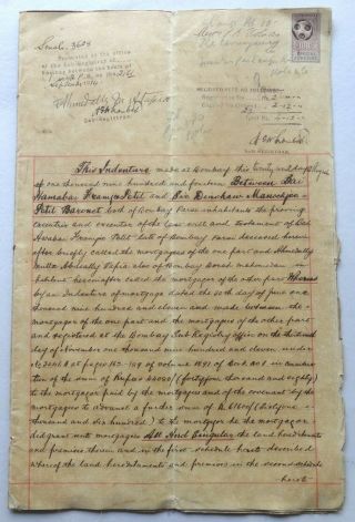 India 1914 Indenture Signed Dinshaw Manockjee Petit 2nd Baronet H/o Sylla Tata