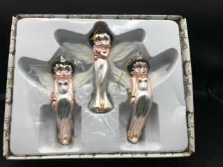 1998 Betty Boop Angels Set Of Three Christmas Ornaments 5” Real Feathers