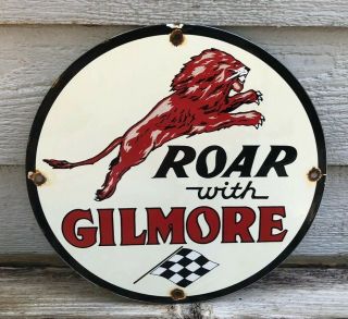 Vintage Gilmore Roar Gasoline Porcelain Sign Gas Station Pump Plate Motor Oil