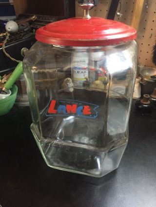Vintage Lance Cracker Glass Store Counter Display Metal Lid Canister Jar