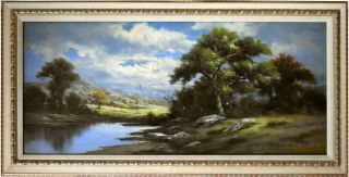 Large 1905 Oil Pastel Landscape Painting - Signed - Framed: 44.  5 " X 22.  75 "
