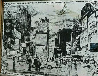 1979 Times Square,  York City,  Reverse Painting Glass Mirror Bar Art Vintage