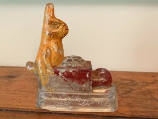 RABBIT WITH WHEELBARROW GLASS CANDY CONTAINER PAINT 2