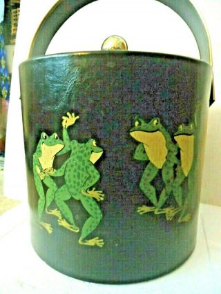 Vintage Couroc Mid Century Modern 4 Dancing Frogs Ice Bucket Black Gold
