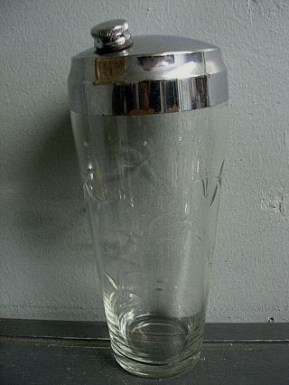 Vintage 9.  5 " Glass Cocktail Martini Shaker Chrome Lid & Cap Etched Design