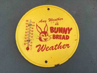 Vintage Any Weather Is Bunny Bread Weather Round Metal Advertising Thermometer