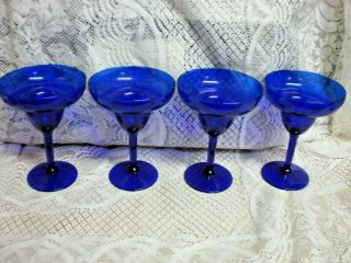 (4) Cobalt Blue Glass Margarita Glasses Great 6  T X 4 1/2  Wide Top.