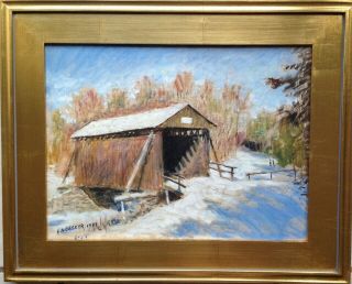 H D Becker Oil Painting Landscape Covered Bridge,  Winter Signed Framed