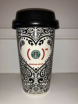 Jonathan Adler Ceramic Starbucks Travel Tumbler Mug Locking Lid 2010 Red Heart