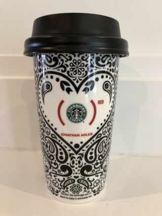 Jonathan Adler Ceramic Starbucks Travel Tumbler Mug Locking Lid 2010 Red Heart 2