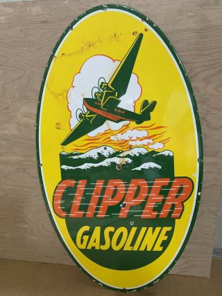 Large 24” Double Sided Clipper Aviation Gas Oil Advertising Porcelain Sign