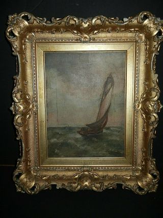 Old 19th Century Oil On Canvas Painting Sail Boat Signed
