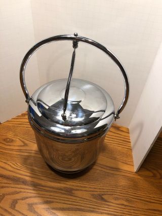 Vintage Ice Bucket United Chromium On Solid Brass Glass Lining With 2 Tongs