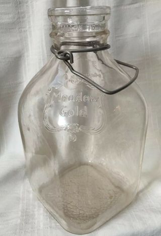 Vintage Glass Gallon Milk Bottle Meadow Gold Dairy Embossed With Handle 1954