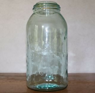" The Ball Masons Patent 1858 / Improved " Half Gallon Aqua Blue Glass Fruit Jar