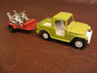 Vintage 1969 Tootsietoy Diecast Jeep And Two Motorcycles On Trailer Toy