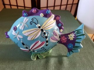 Westland Giftware Fish Outta Water Ceramic Hand Painted Fish Dragonfly Flowers