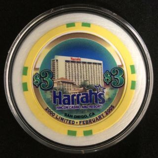 Uncirculated $3 Harrah ' s Rincon San Diego WSOP 2005 Casino Chip Poker VERY RARE 2