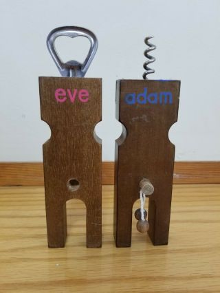 Vintage Wooden Adam & Eve Bottle Opener Corkscrew Bar Set 1970 