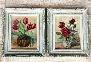 2 Floral Originals From R.  Osborn 1959 Oil On Canvas Framed Painting - Signed