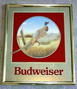 Anheuser Busch 1992 Budweiser Beer Pheasant Mirror Sign,  Colorful,  14 " X 16.  5 "