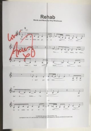 Amy Winehouse Hand Signed Music Sheet Autograph ‘rehab’