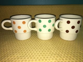 3 Vintage Usa Retro Polka Dots Coffee Tea Cups Mugs Stacking Green Brown Orange