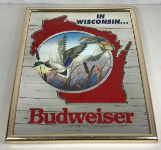 Budweiser King Of Beer Geese In Wisconsin Mirror Framed Bar Sign Vintage 17 " X14 "
