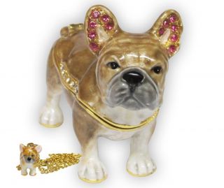French Bulldog & Puppy Jeweled Trinket Box With Swarovski Crystals