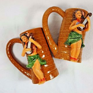 Kc Co Ltd Of Hawaii Tiki Mug Set Of 2 Hula Girl Wahine Playing Ukelele Handled
