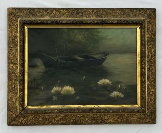 Rowboat In Pond Water Lilies Antique Late 19th Century Oil Painting On Canvas