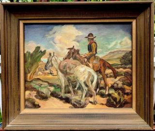 Mid Century Western Oil On Board “red Bandanna Cowboy” With Frame