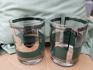 Vtg Georges Briard Duck Old Fashioned Whiskey Glass Set Of 2 Signed Gold/green