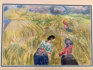 Rifka Angel Watercolor Women In Wheatfield Russian Ameeican Listed Artist 1938