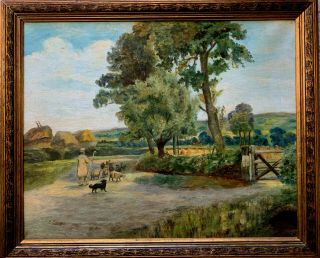 Antique Sheepdog Landscape Oil Painting Framed