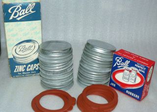 12 Vintage Ball Regular Standard Mouth Zinc Mason Jar Lids 12 Sealing Rubber Nos