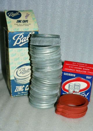 12 Vintage Ball Regular Standard Mouth Zinc Mason Jar Lids 12 Sealing Rubber NOS 2