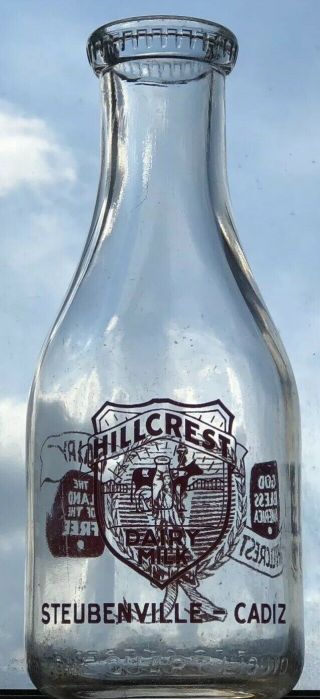 Rare Hillcrest Dairy Quart Patriotic Milk Bottle Steubenville Cadiz Ohio