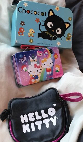 (3) Hello Kitty Items:wood & Metal Lunchboxes & Real Leather Mini Purse